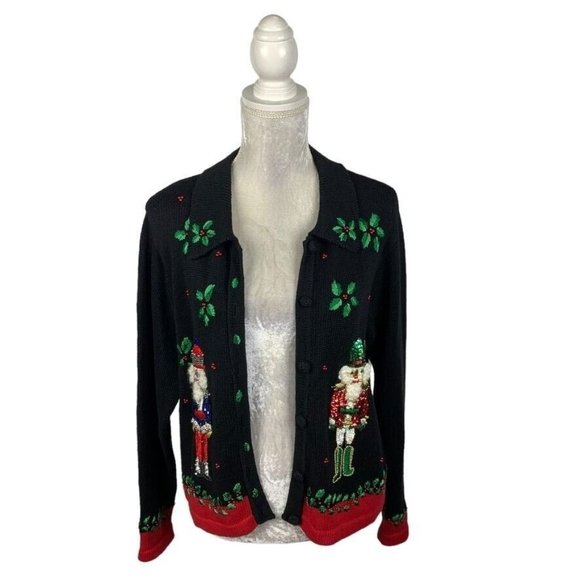 Victoria Jones Petite Embellished Nutcracker Christmas Cardigan Sweater Beads PM - Picture 2 of 13